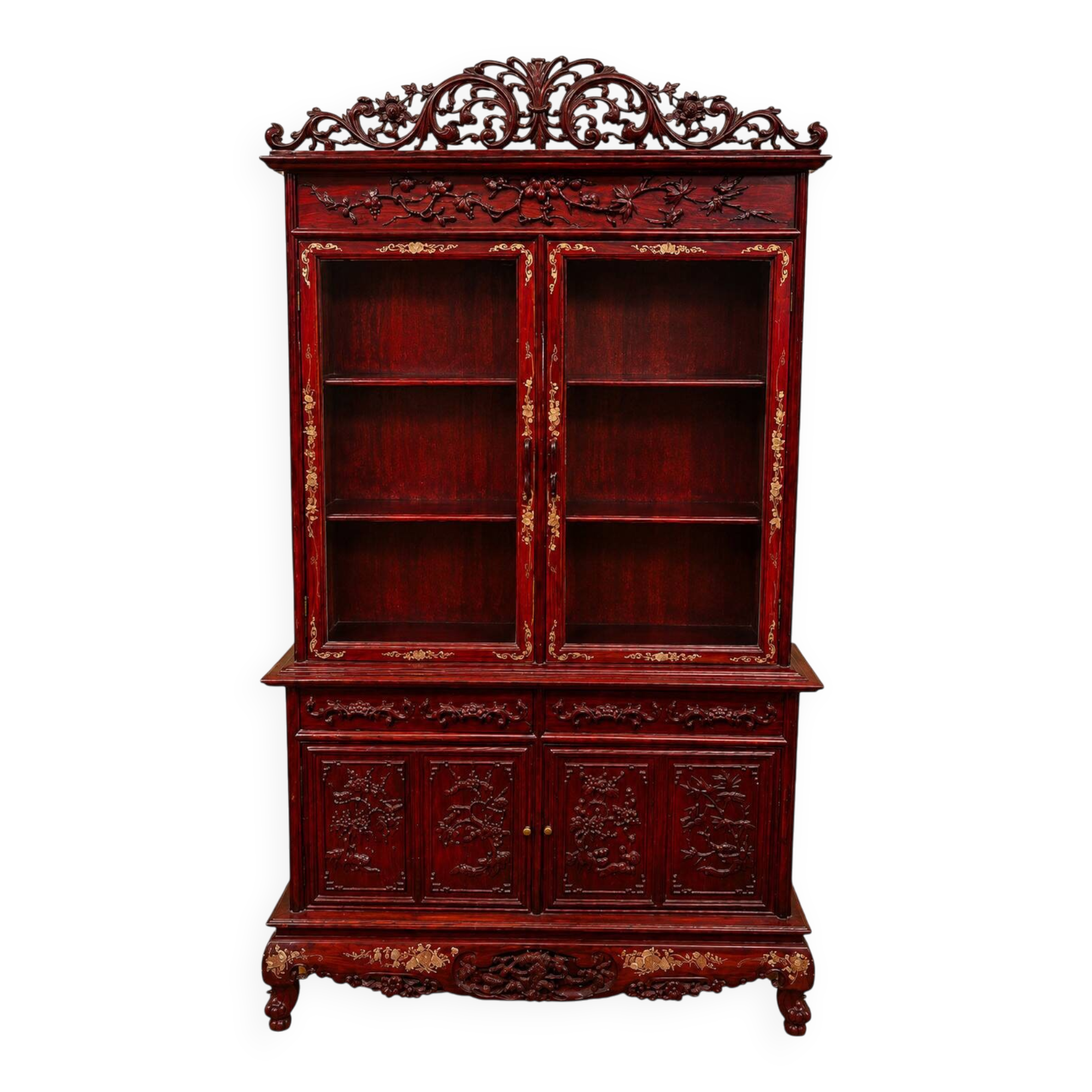 Bibliothèque En Bois Laqué Rouge Sculpté et dorure