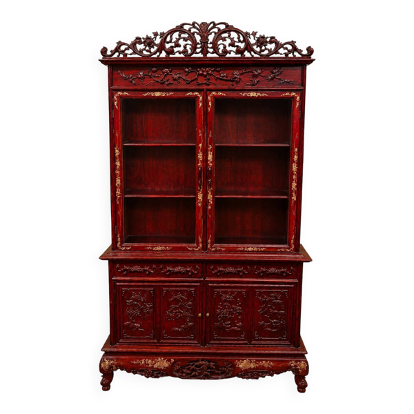 Bibliothèque En Bois Laqué Rouge Sculpté et dorure
