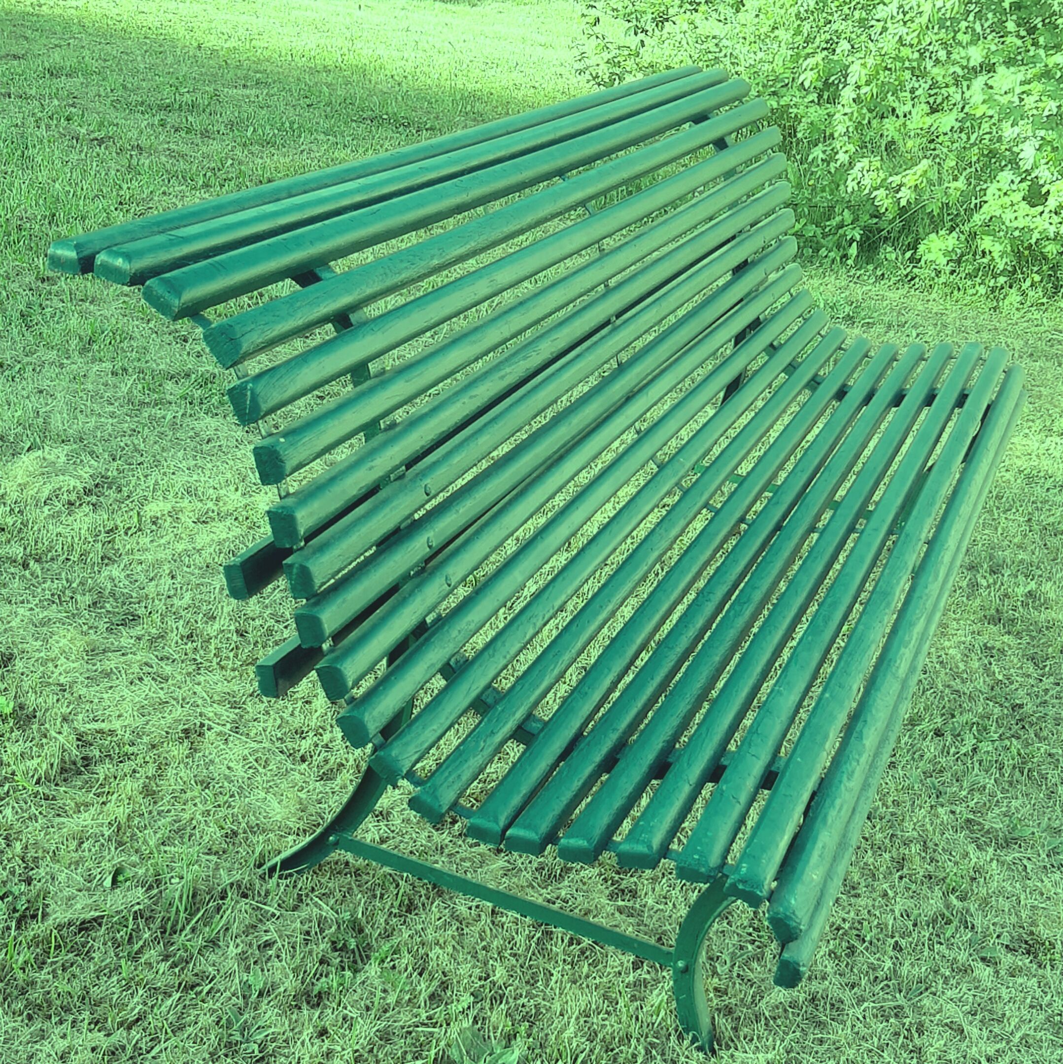 Garden bench with wooden and iron slats