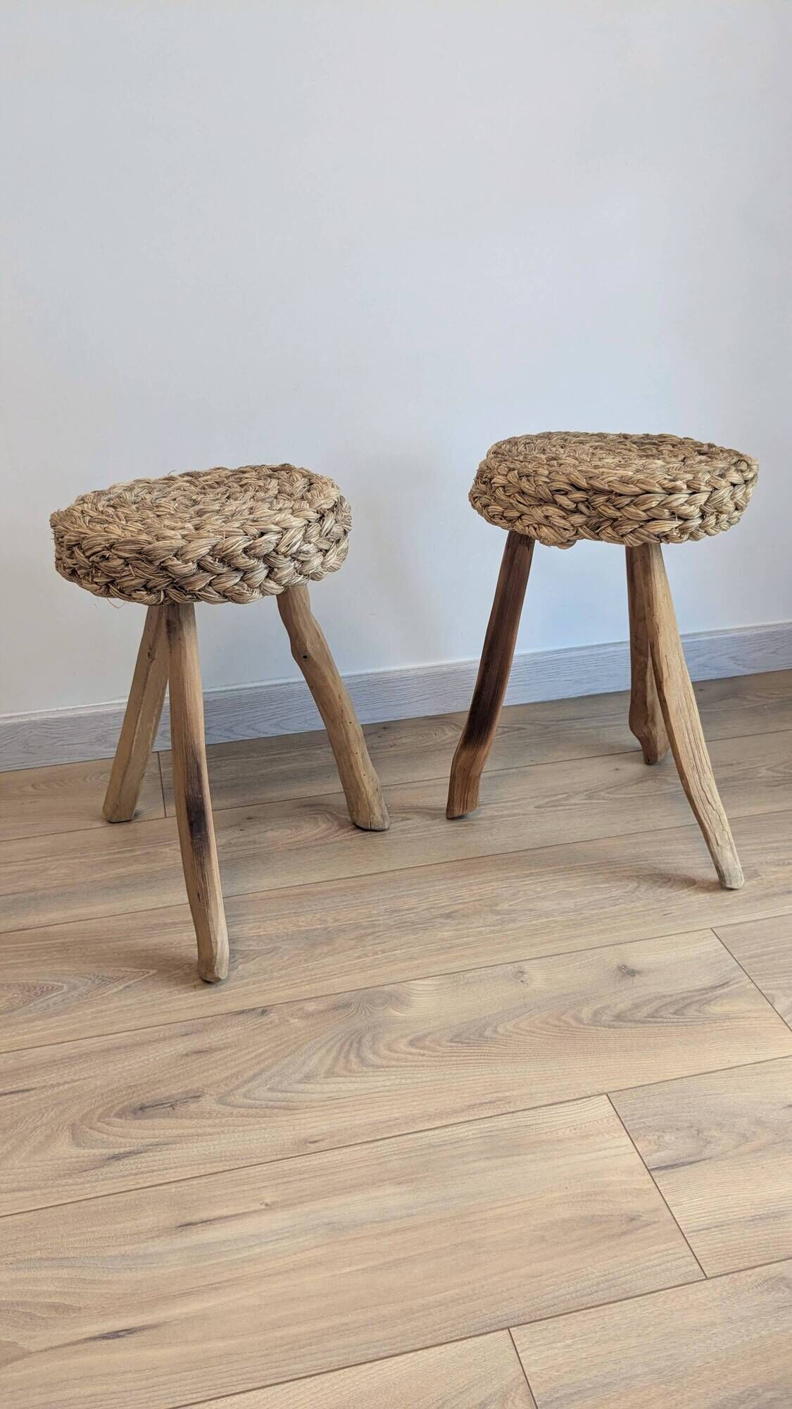Pair of brutalist tripod stools attributed to Audoux & Minet.