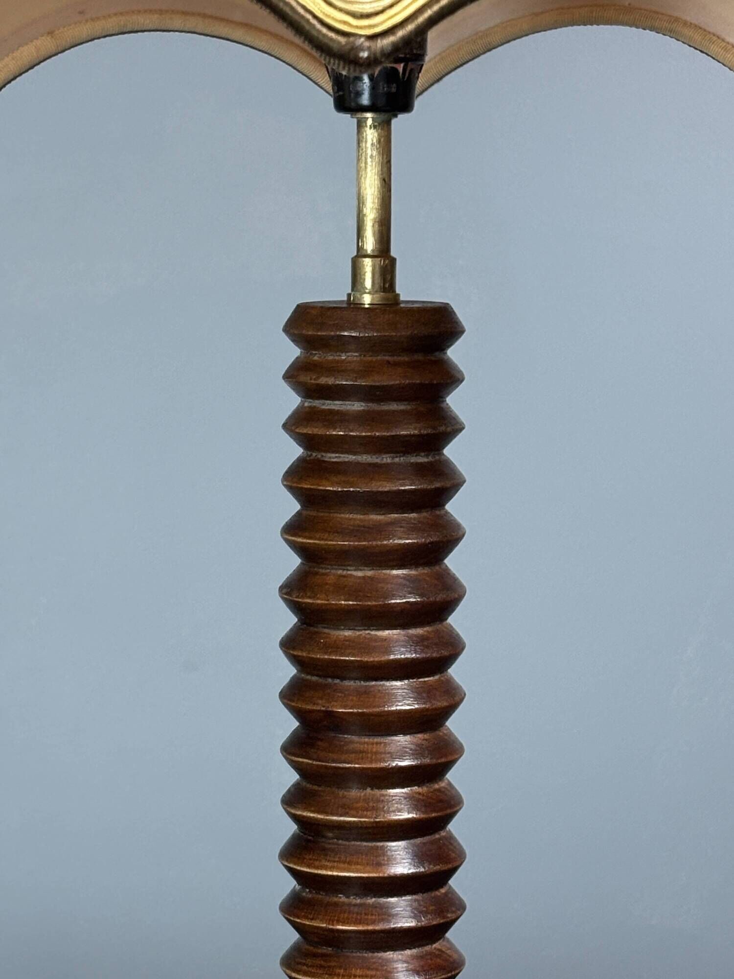 Midcentury brutalist wood turned mushroom table lamp, Charles Dudouyt style