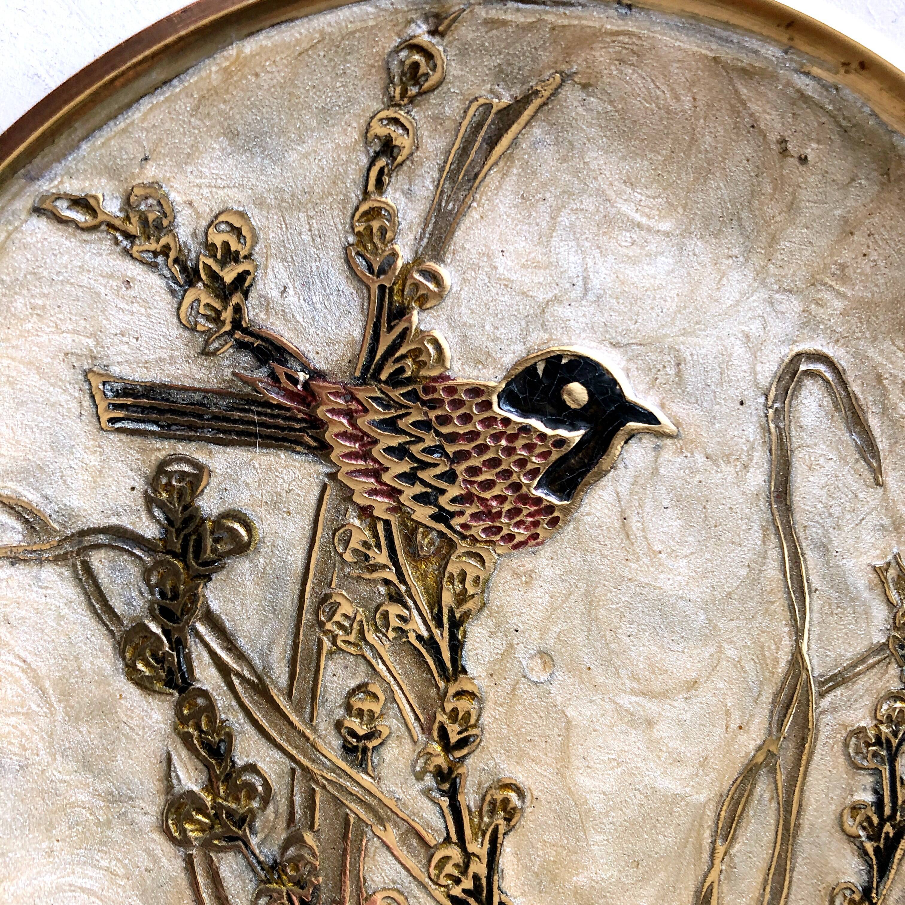 Coupelle  ou vide-poche laiton émaillé décor d'oiseau