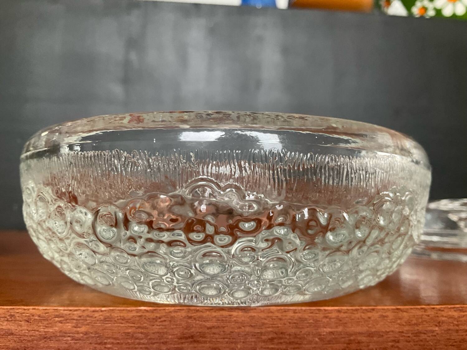 Set of three round thick moulded glass candle holders