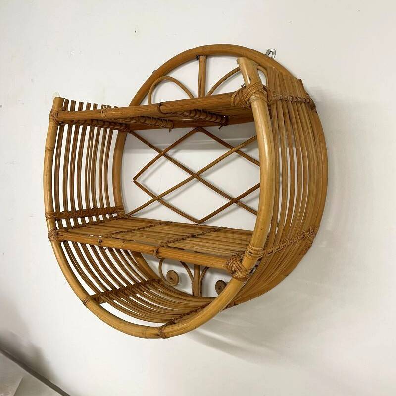 Vintage round rattan wall shelf – 70s bohemian style