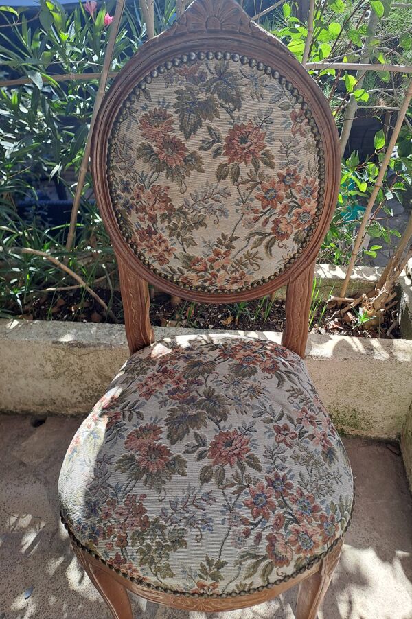 Chaise bois vernissé marron 1940 Chaise tissu assise jacquard fabrication tapissière