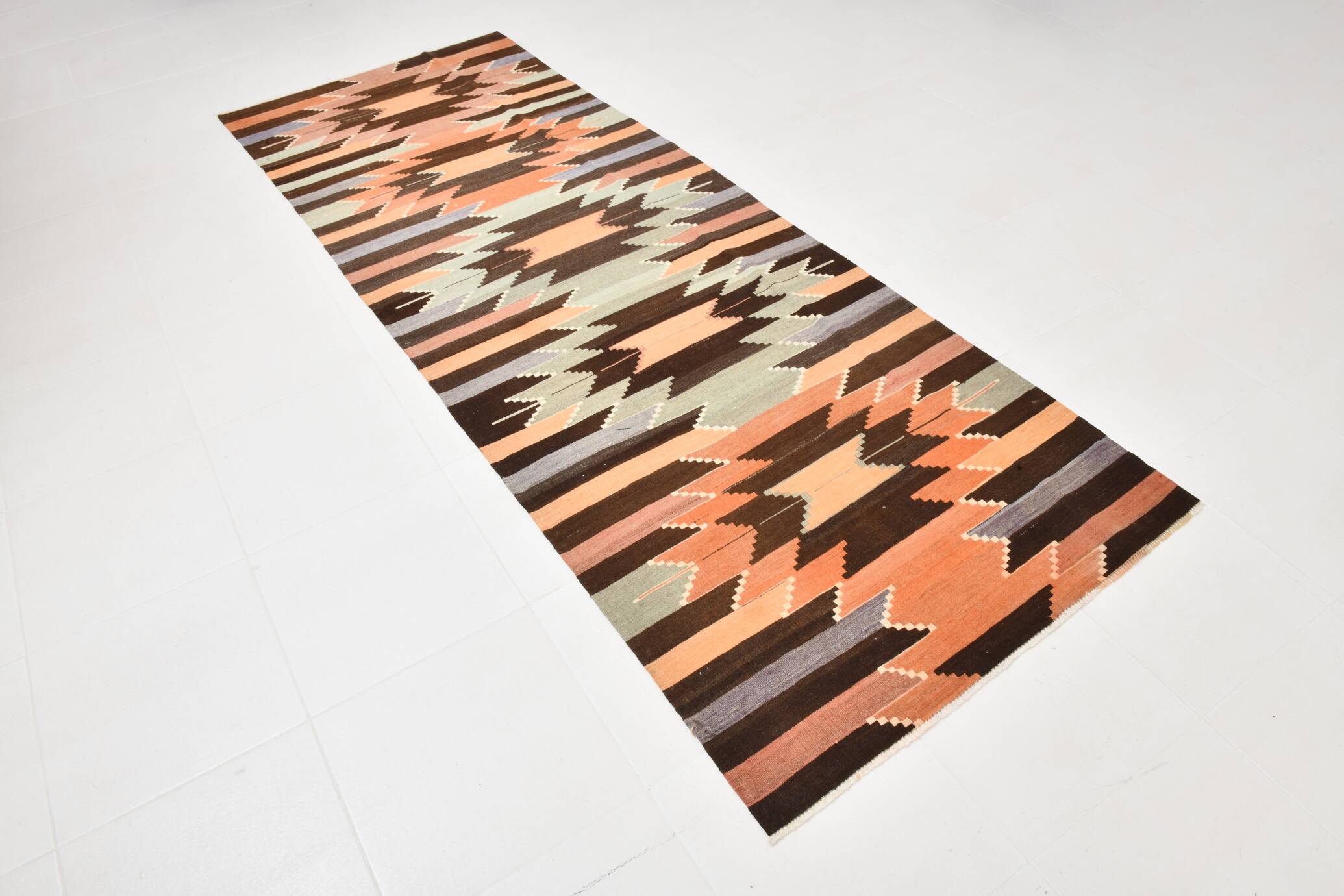 3x10 Orange  Brown Geometric Kilim Runner Rug, Handmade Wool Rug, 108x297Cm