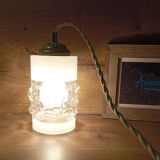 Lampe baladeuse style art deco tube verre texturé, cordon lin