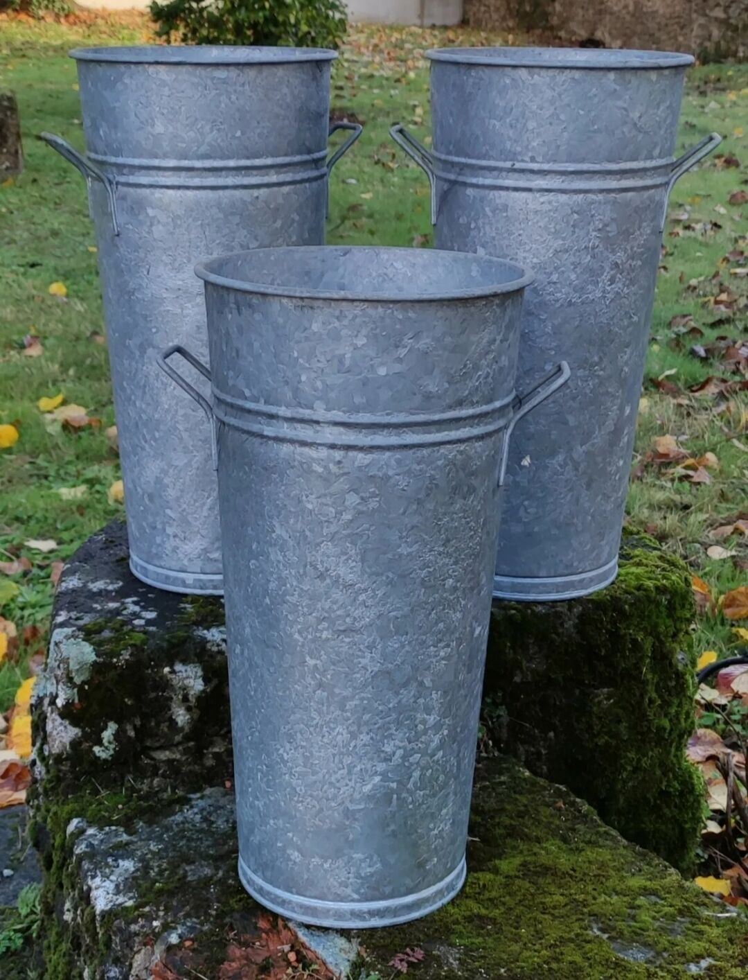3 vintage galvanized steel/vintage garden florist pots