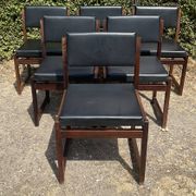 Set of 6 vintage teak chairs with black Skaï.