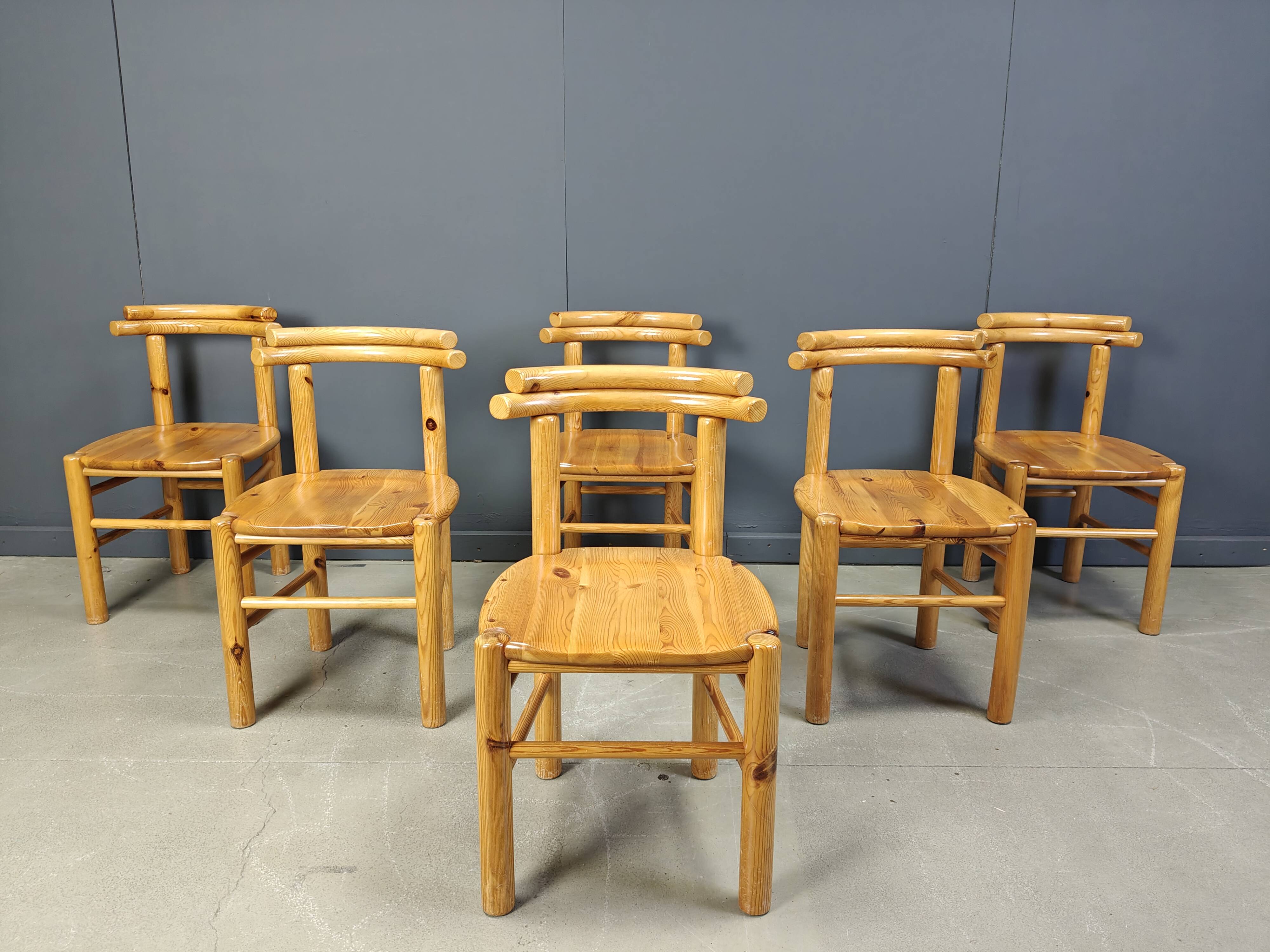 Vintage pine wood dining chairs - 1980s - set of 6