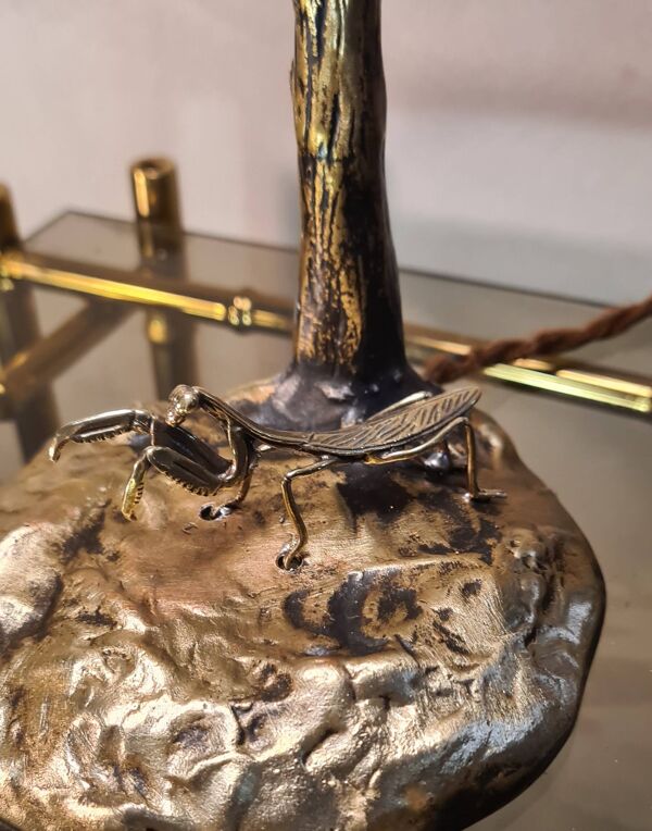Petite lampe a la mante religieuse bronze, art nouveau, 32x15 verre style tiffany