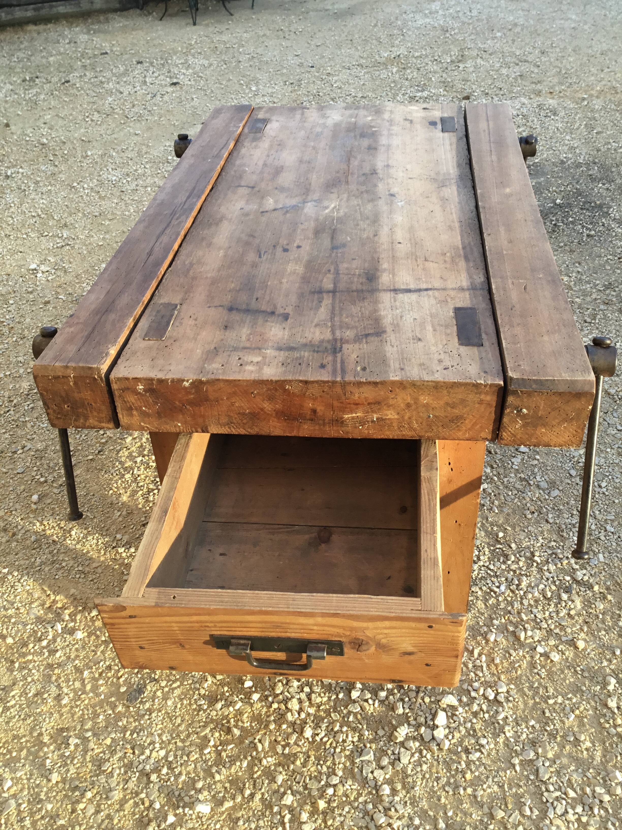 Mid-20th century beech workbench with two drawers
