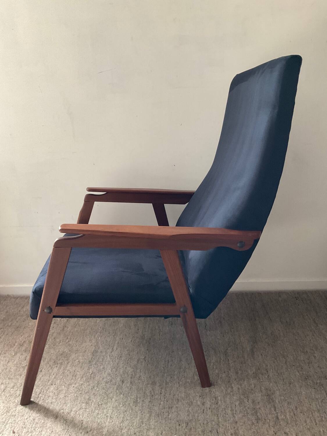 Scandinavian teak and velvet armchair from the 60s