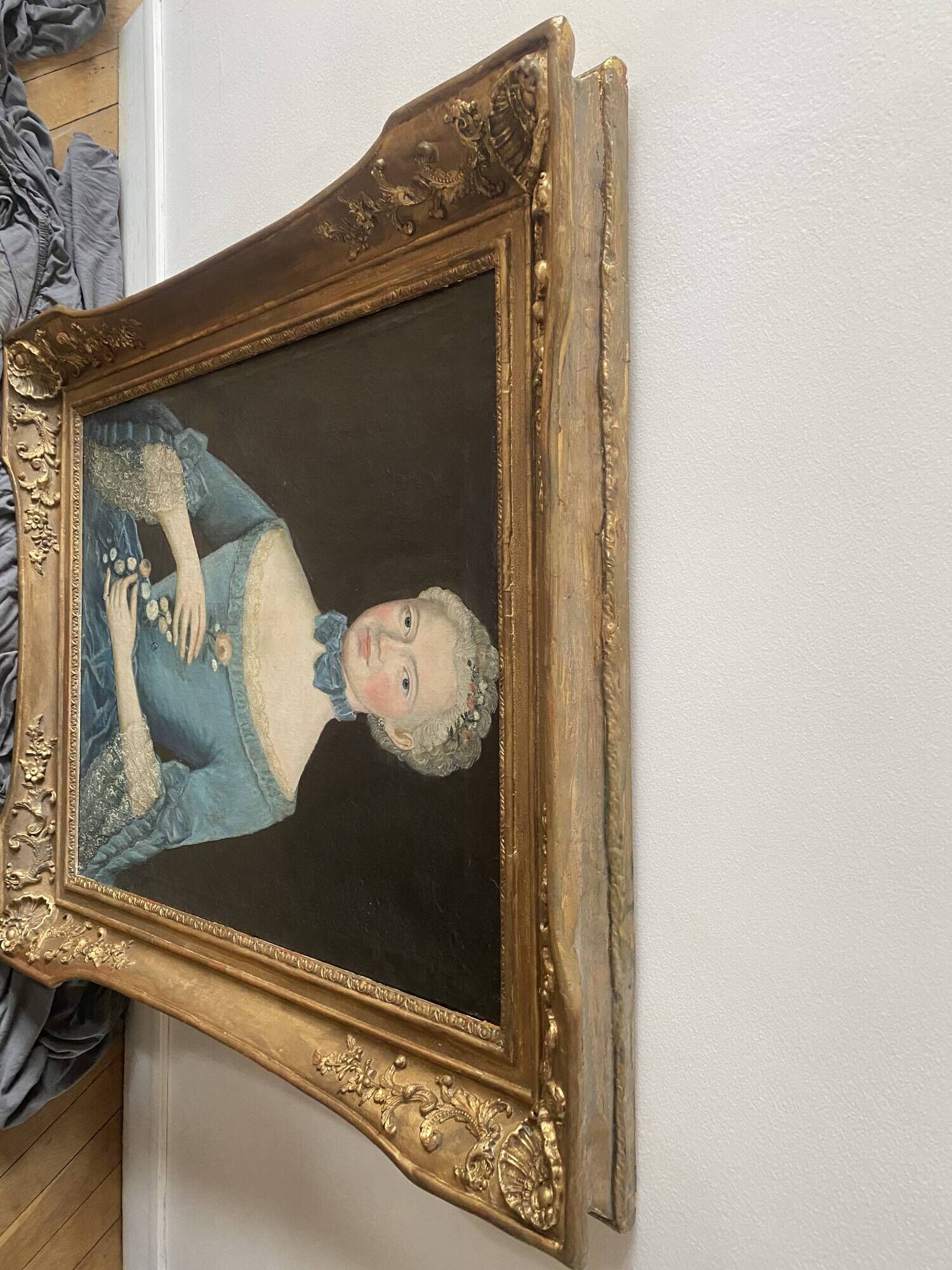 Louis XV table oil on canvas frame with gold leaf.