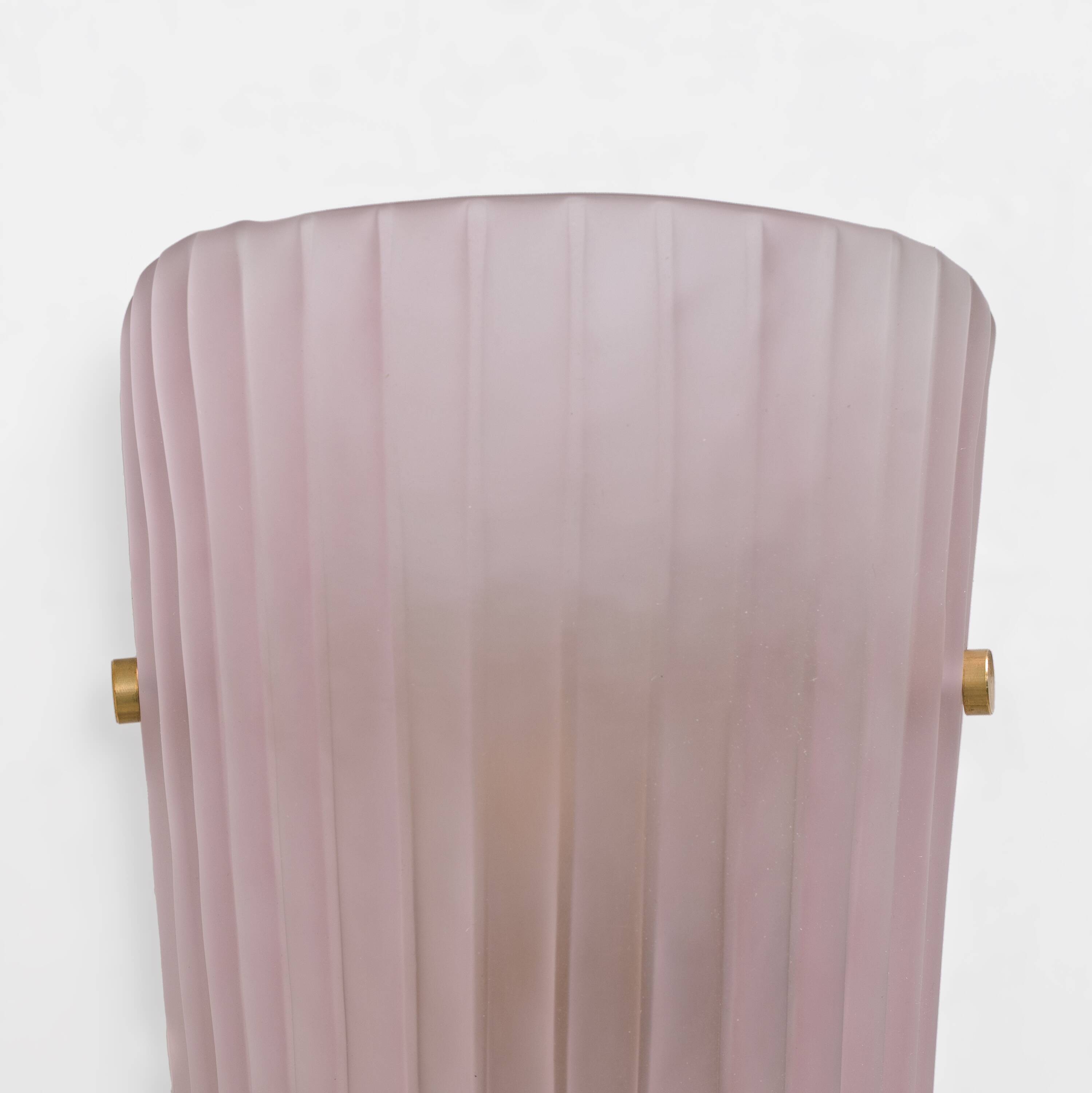 Pair of Murano Glass Wall Sconces in Pink Ribbed Glass and Brass, Italy