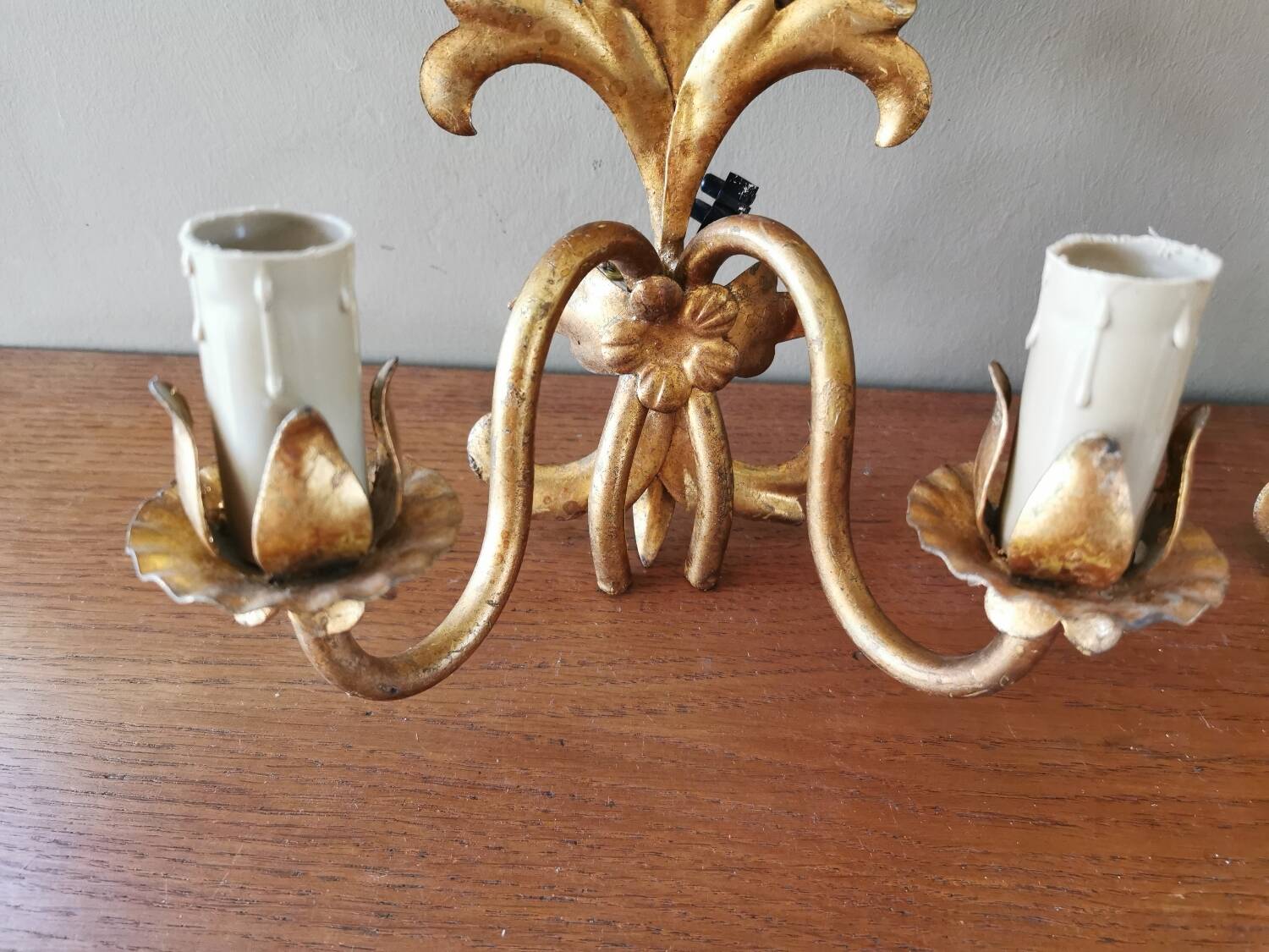 Pair of vintage 70s wall lights in gold metal