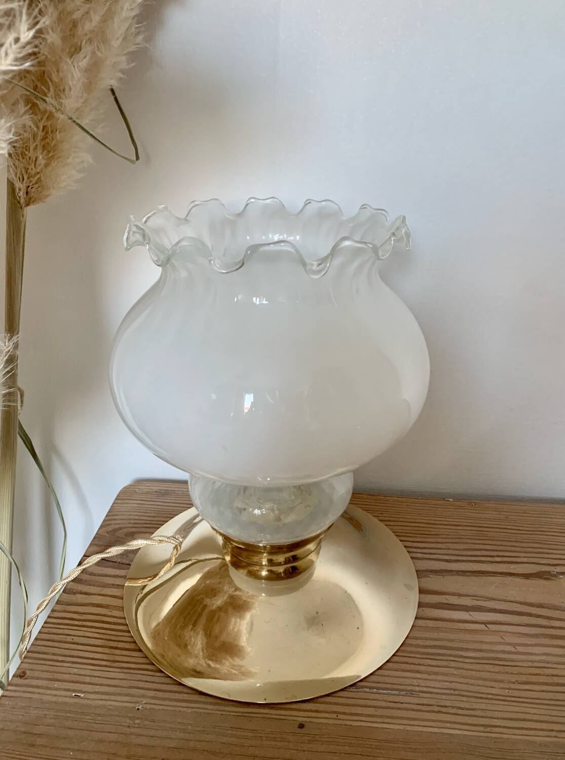 Vintage Table Lamp with White Globe and Antique Brass Base - Elegant Lighting with Braided Gold Wire