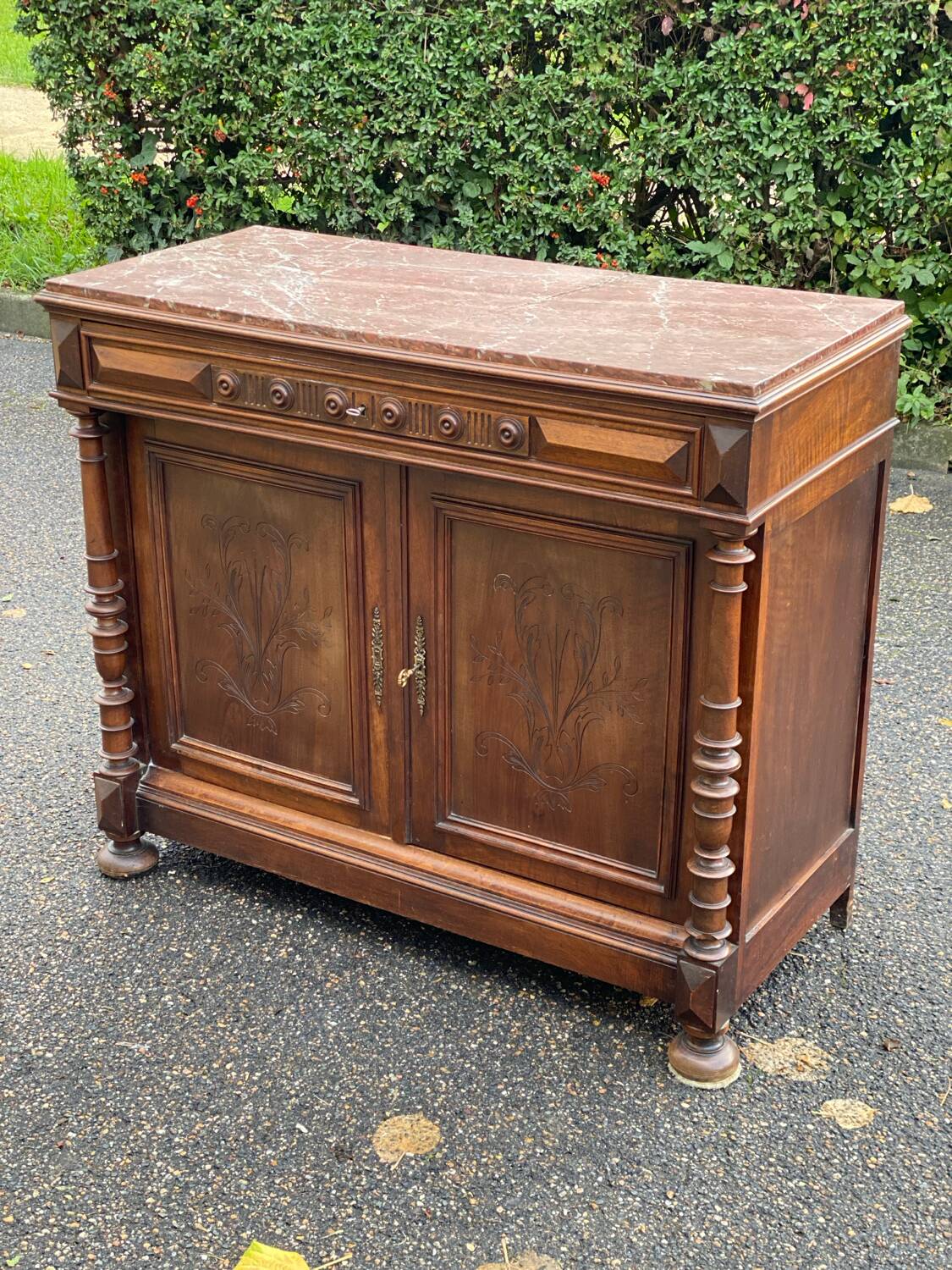 Henri II two-door sideboard in solid wood and marble