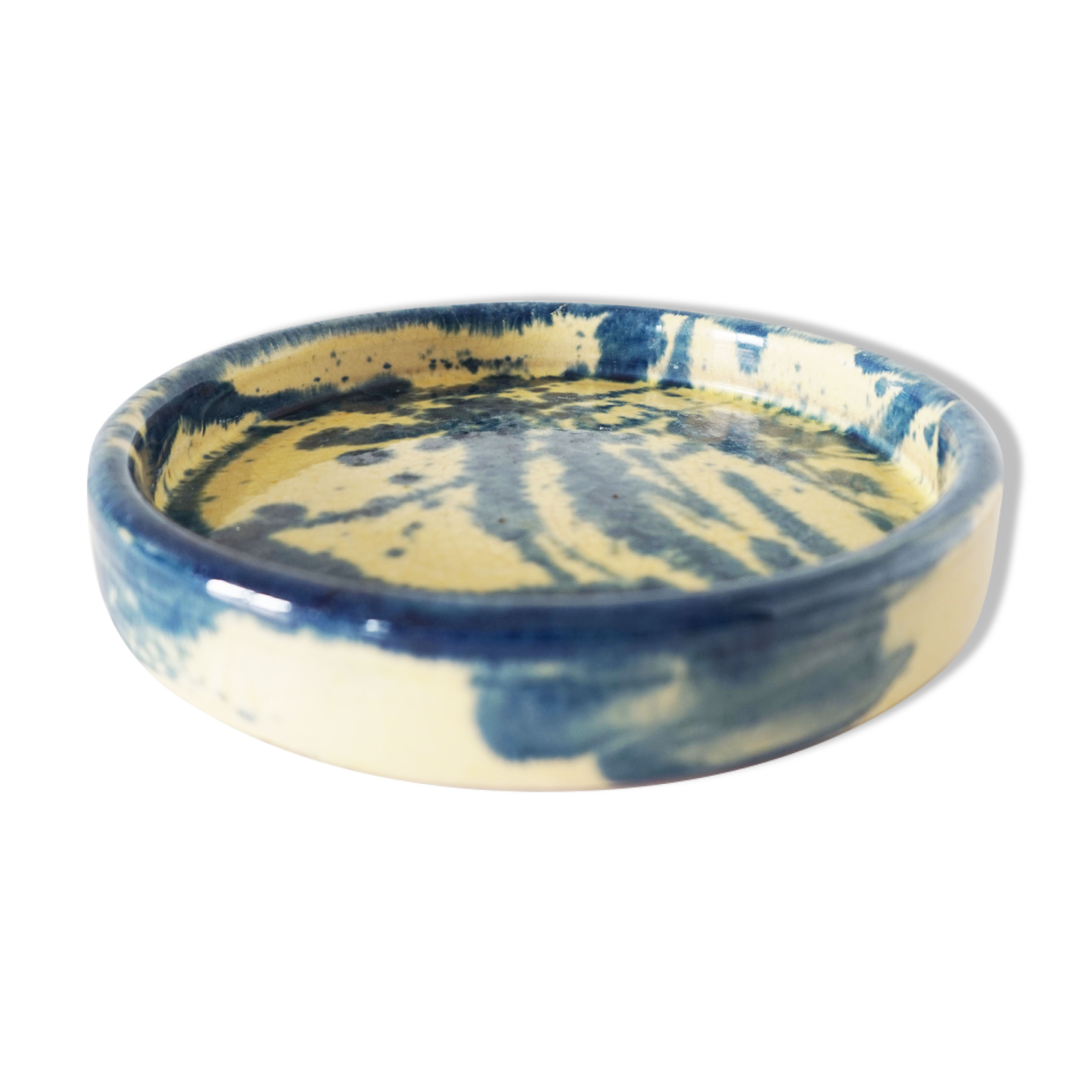 Trinket bowl vintage blue and yellow ceramic