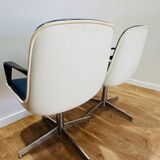 2 office chairs attr. to Strafor, white molded plastic shell, blue skai and chrome metal star base