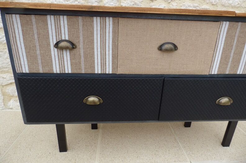 Console with raw wood top and 5 drawers in burlap and imitation leather