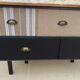 Console with raw wood top and 5 drawers in burlap and imitation leather