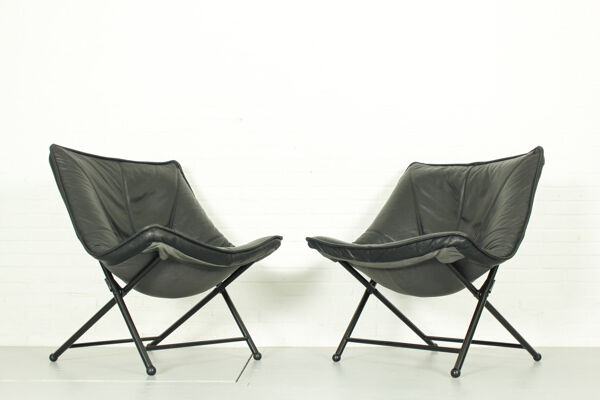 Chaises longues pliantes en cuir noir par Teun van Zanten pour Molinari, 1970s