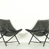 Folding Lounge Chairs in black leather by Teun van Zanten for Molinari, 1970s