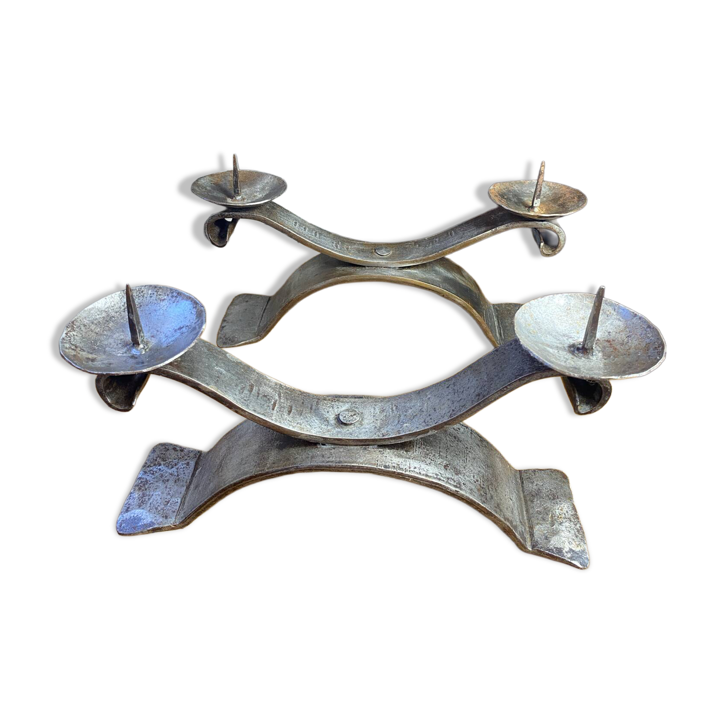 Brutalist wrought iron candlestick pair