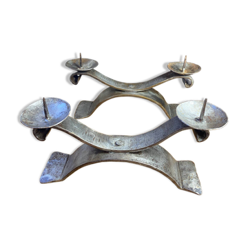 Brutalist wrought iron candlestick pair