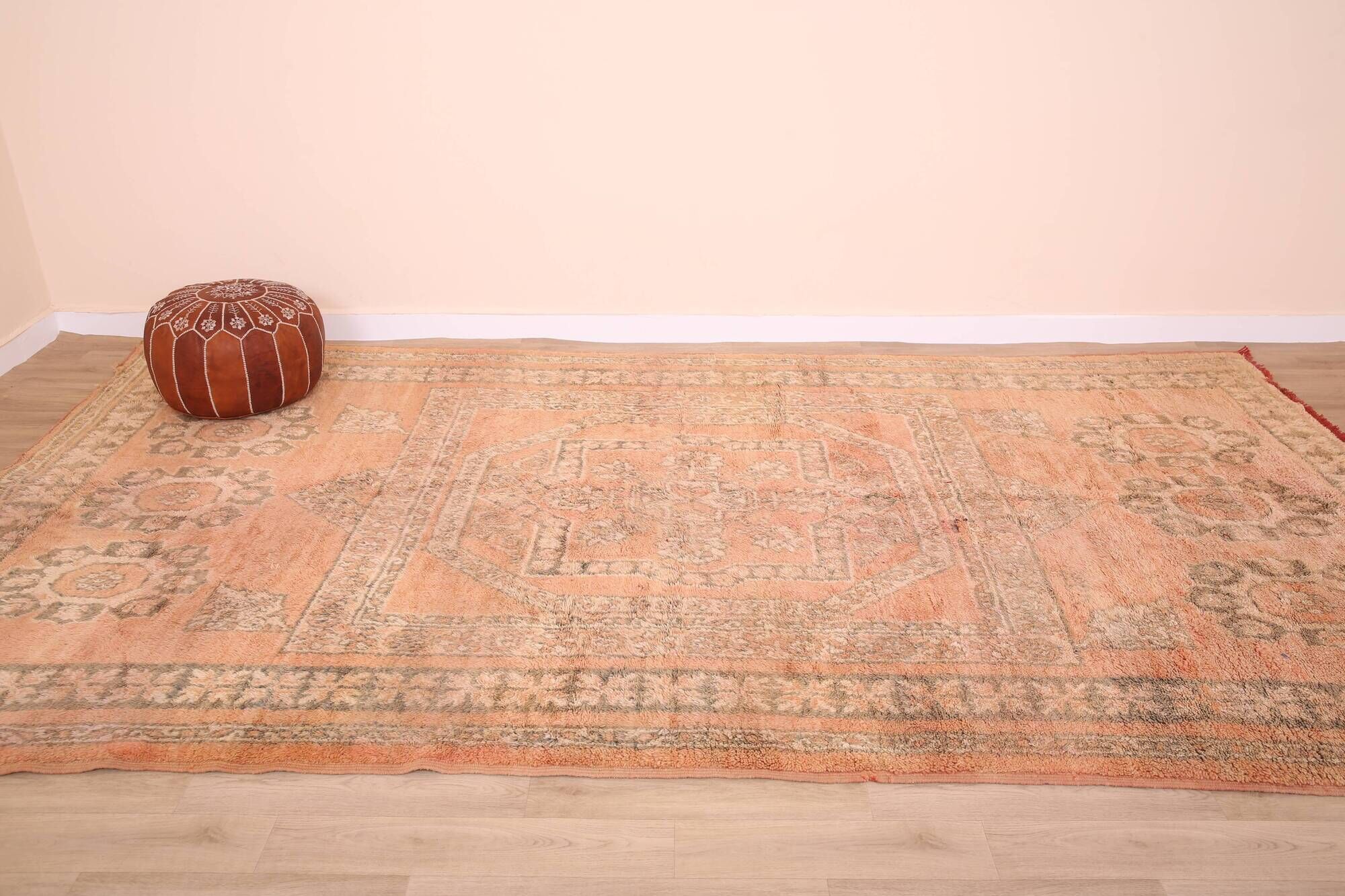 Large Vintage Moroccan Rug 203 x 376 cm, Peach Berber Wool Rug Handmade