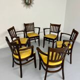 Lot de 6 chaises bistrot fauteuils en bois et simili jaune vintage année 80