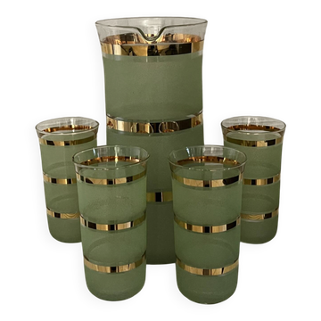 Service of orangeade vintage 1950 - jug and 4 glasses - Frosted green and gold.