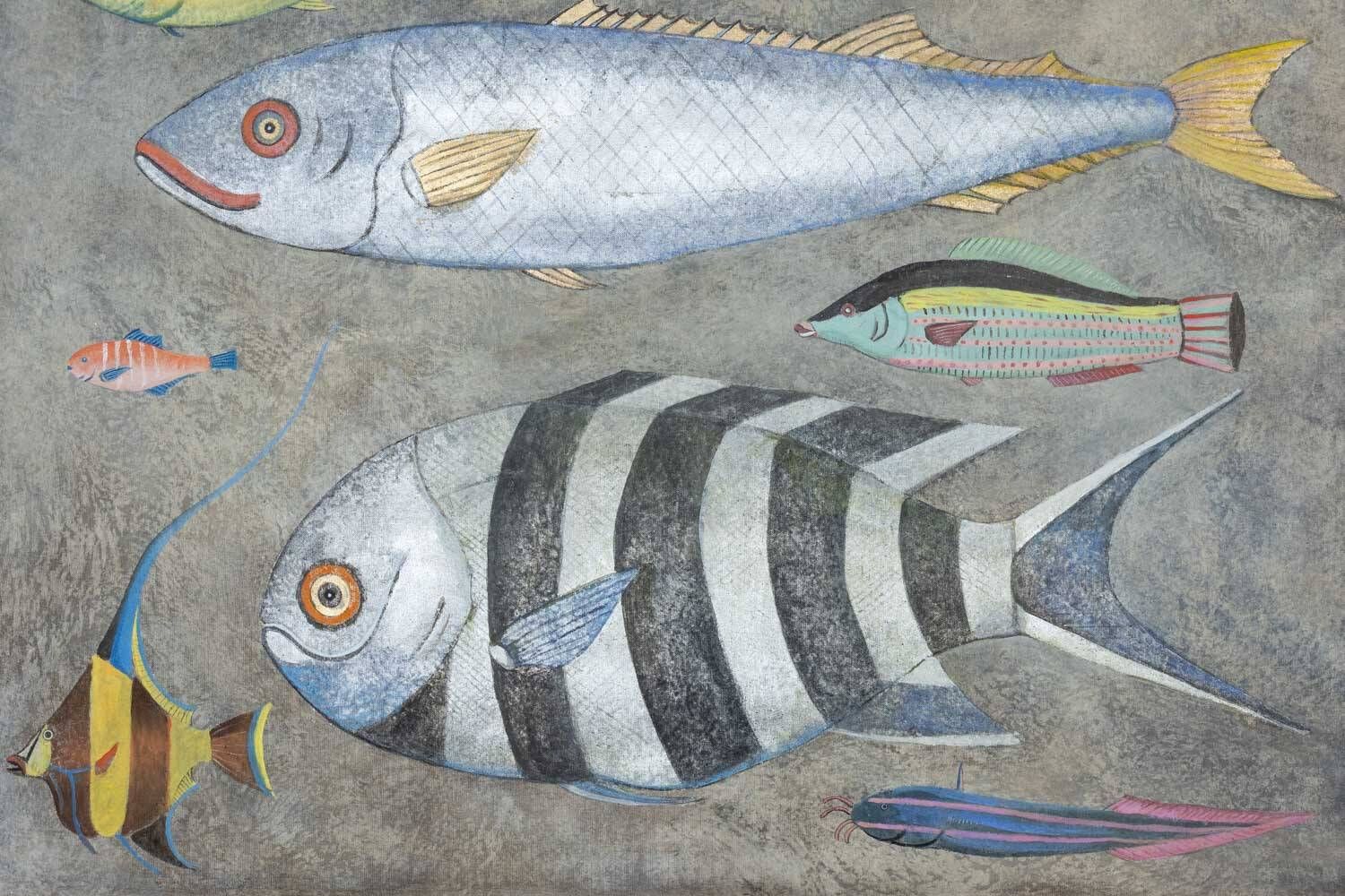 Painted canvas representing a board of fish. Contemporary work.
