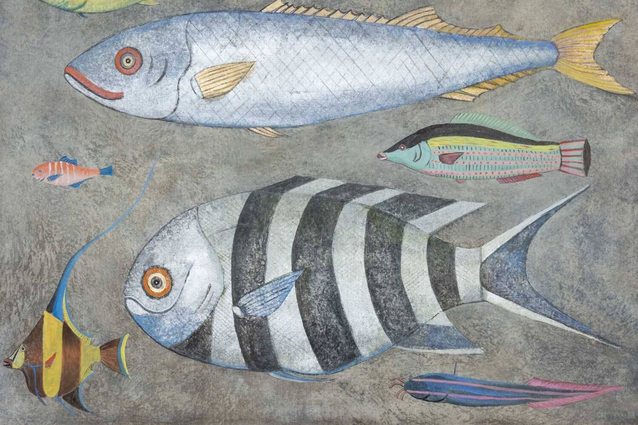 Painted canvas representing a board of fish. Contemporary work.