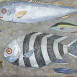 Painted canvas representing a board of fish. Contemporary work.