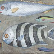 Painted canvas representing a board of fish. Contemporary work.