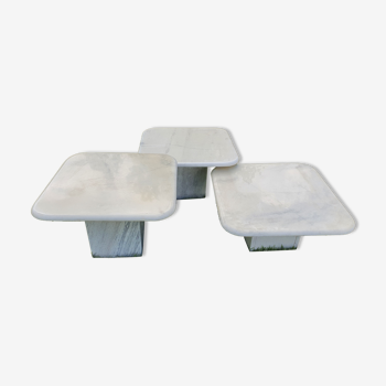 Vintage square trundle tables in travertine. 1970.