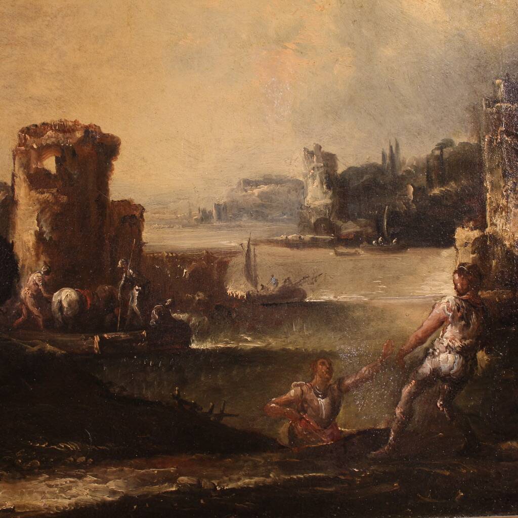Great 18th century painting landscape with knights