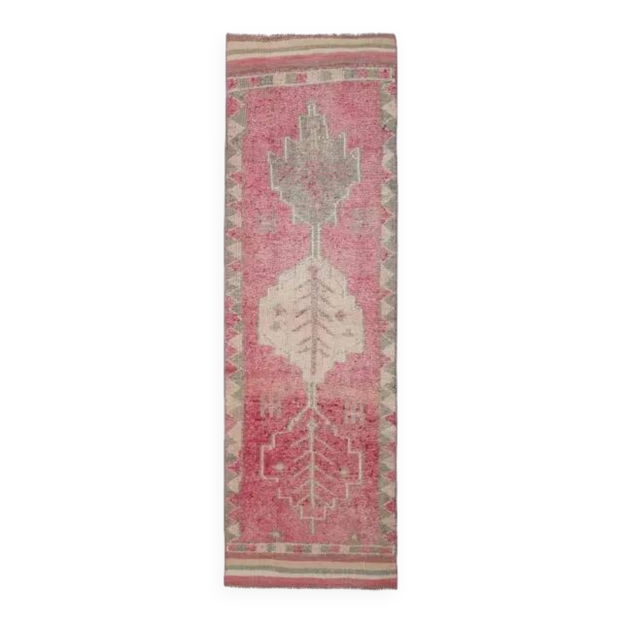 1970s Vintage Turkish Hand-Knotted Wool Cotton Pink Runner Rug 90x303