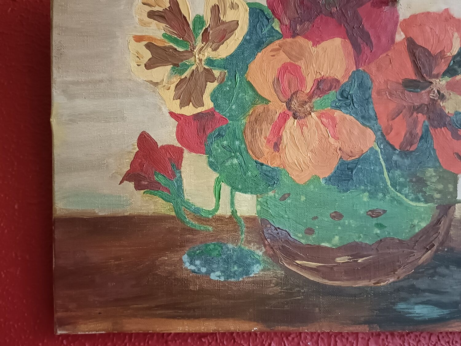 Canvas, cloth, bouquet of flowers, signature