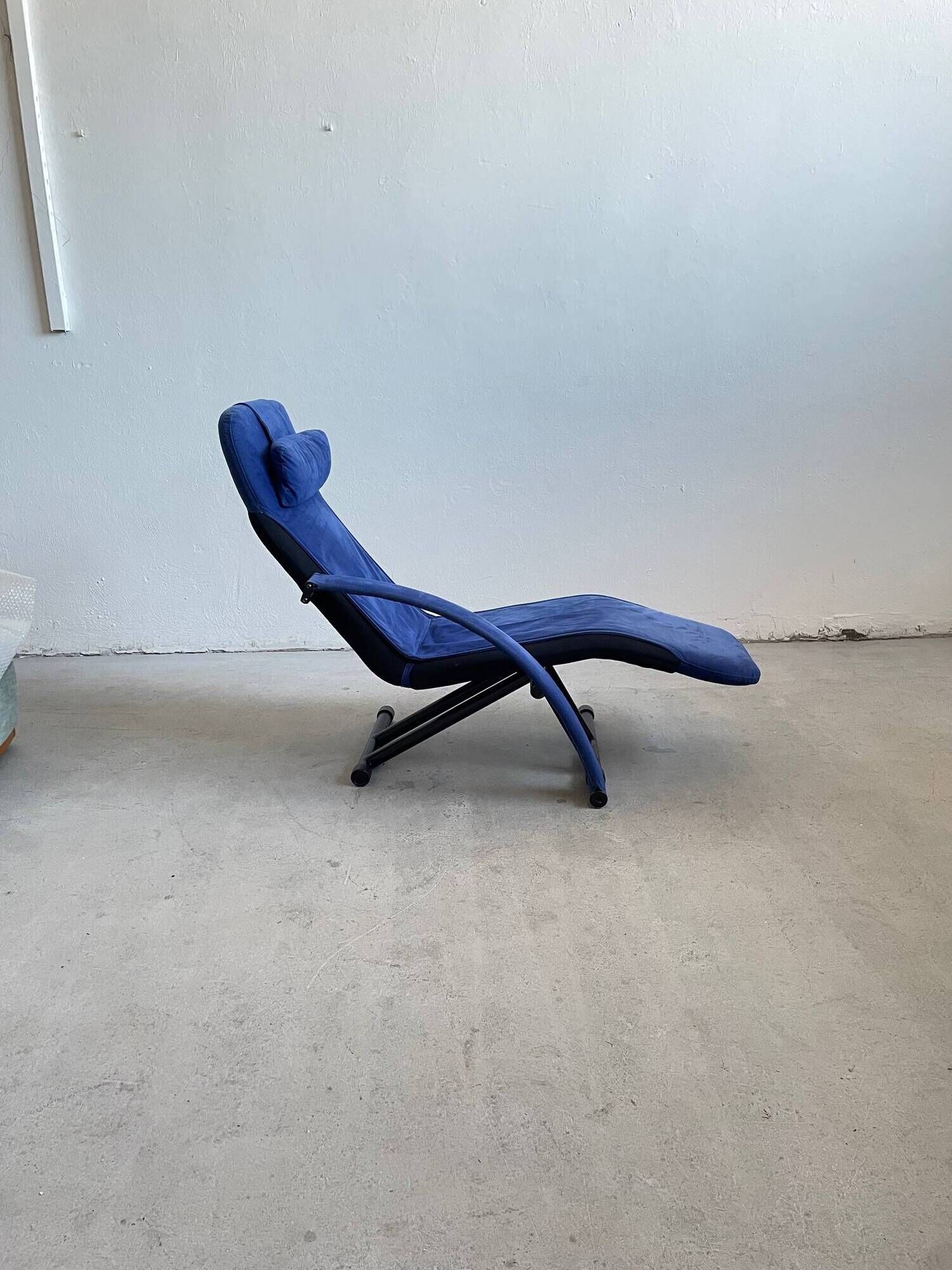 1980s Designer Lounge Chair in black fabric and blue Alcantara cover