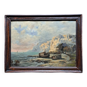 Tableau impressionniste signé - Huile sur toile du 19ème siècle Marine romantique