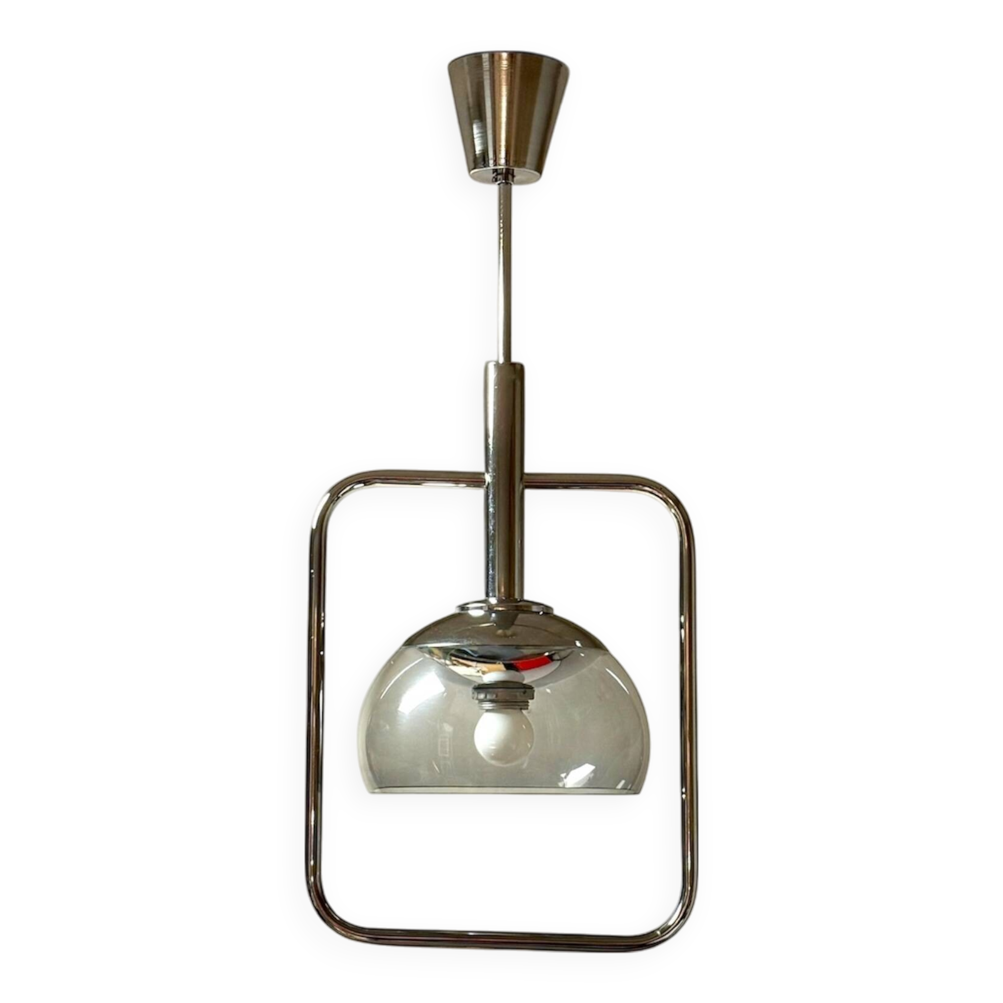 Space Age Pendant Lamp in Chrome Metal and Smoked Plexiglass, 1970s