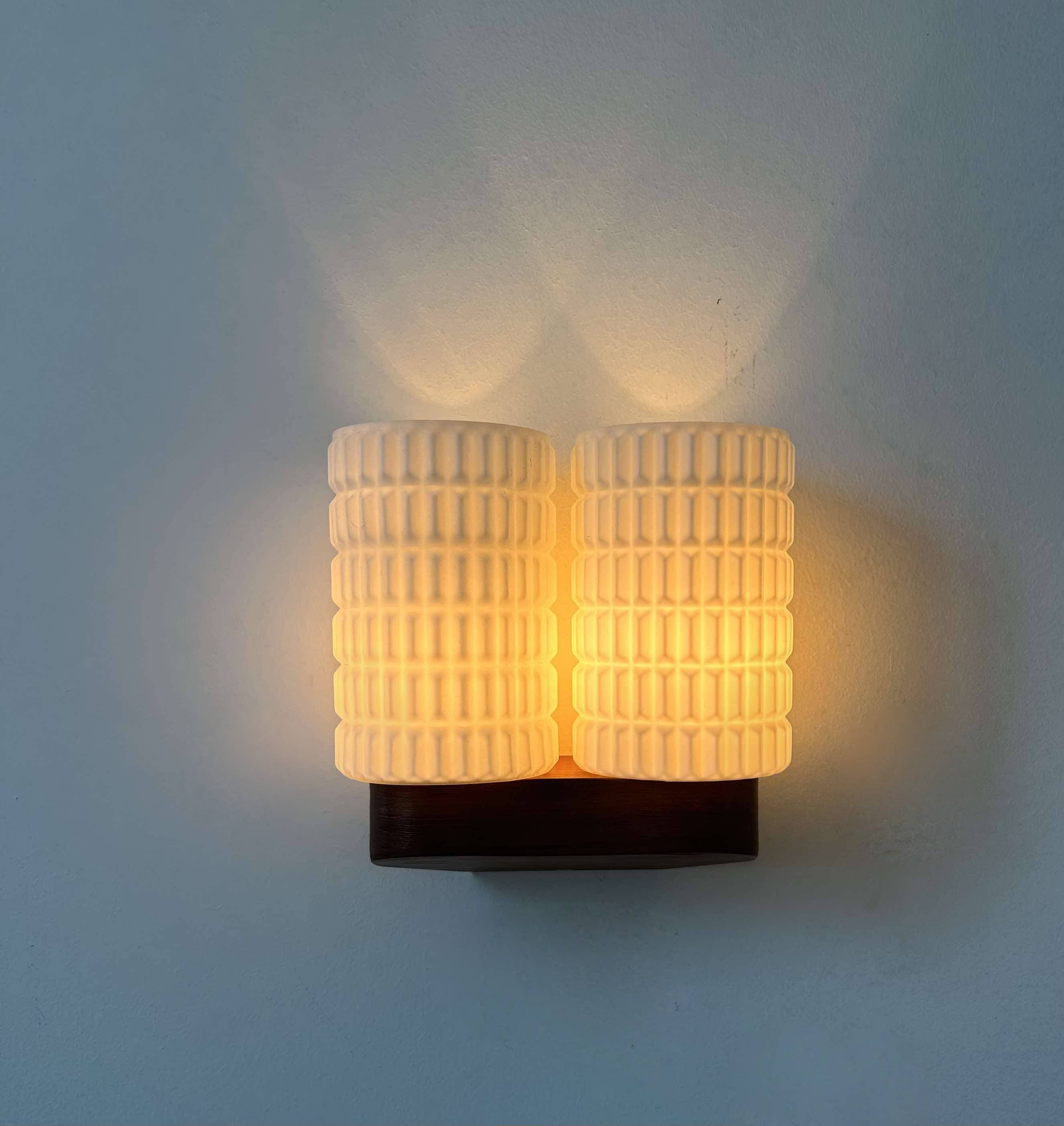 Vintage modernist teak and opaline wall lamp, Netherlands 1960s