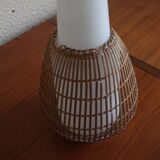 Chandelier opaline, rattan, teak and brass
