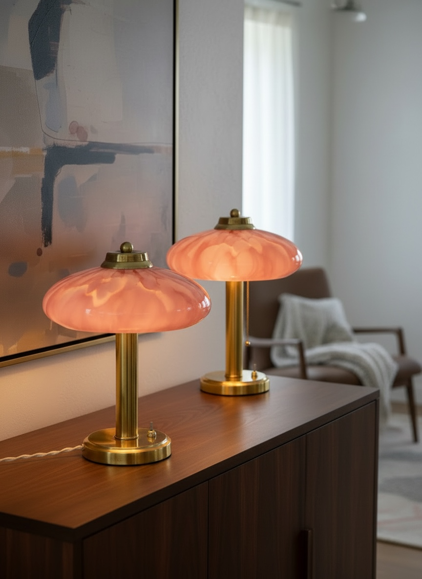 Pair of Art Deco mushroom table lamps, pink Clichy glass