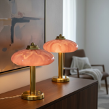 Pair of Art Deco mushroom table lamps, pink Clichy glass