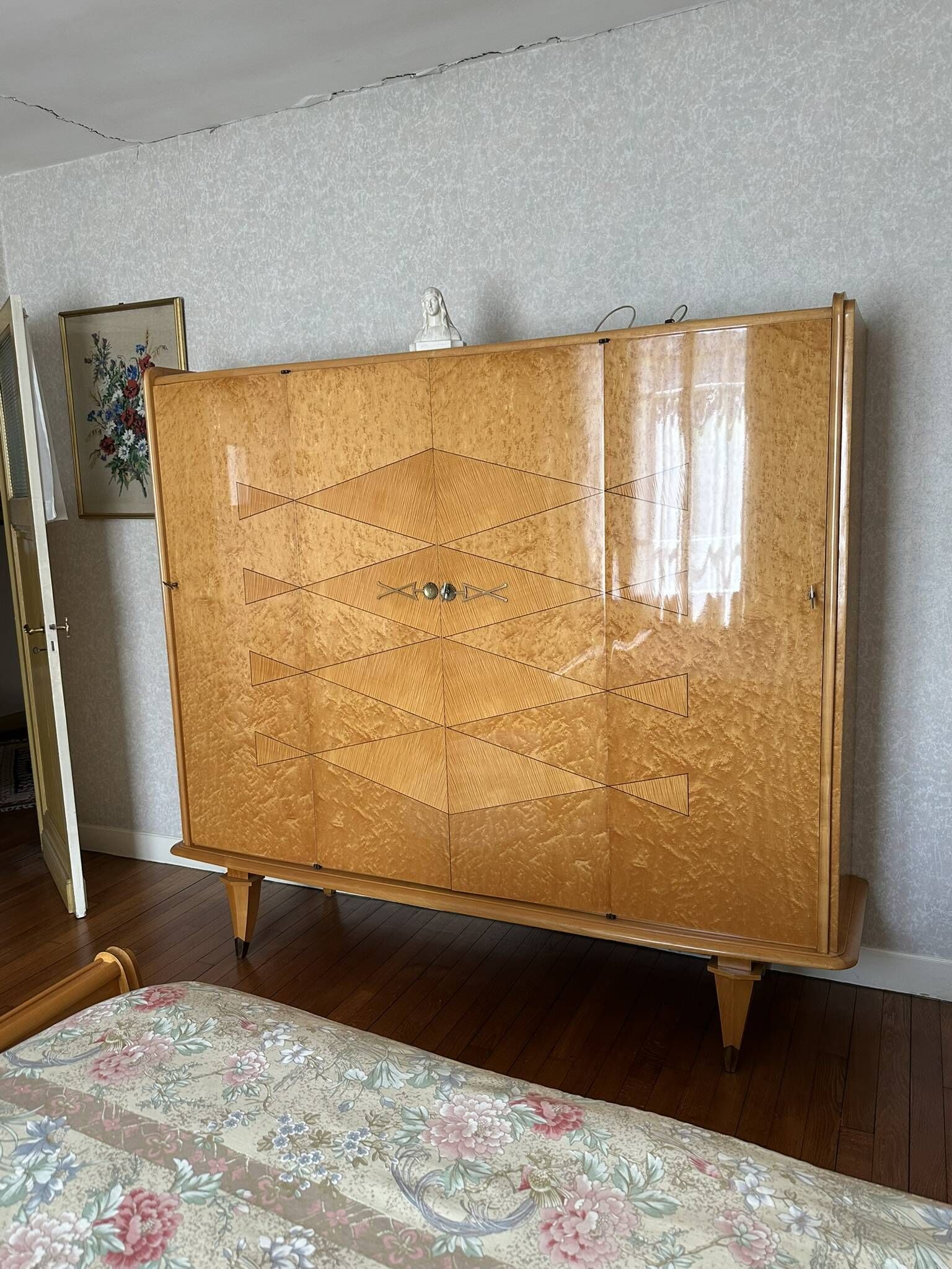 Vintage Art Deco Linen Cabinet / 1950s - Wood Burl and Mirror