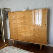 Vintage Art Deco Linen Cabinet / 1950s - Wood Burl and Mirror